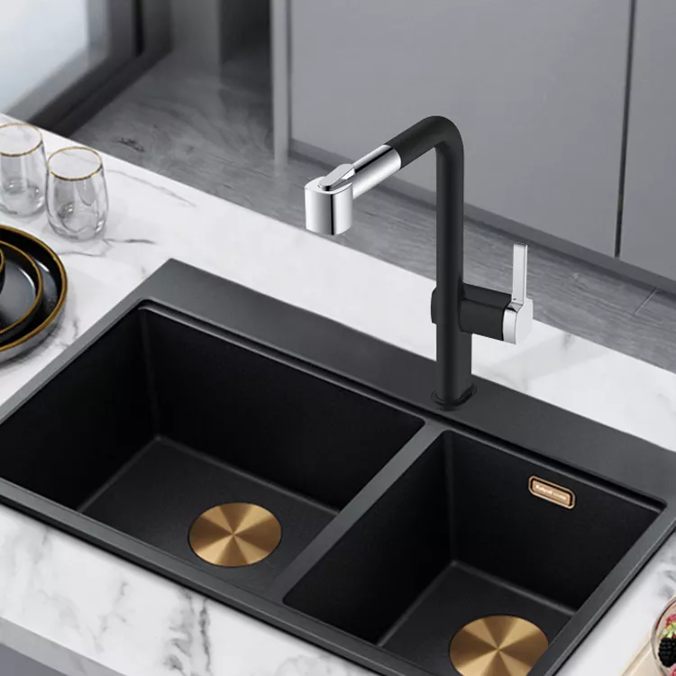 Torneiras de cozinha pretas foscas novas com design retrátil de furo único preto