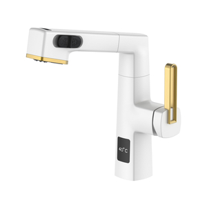  Visor de temperatura com design exclusivo, branco e dourado, torneira removível para banheiro com altura ajustável